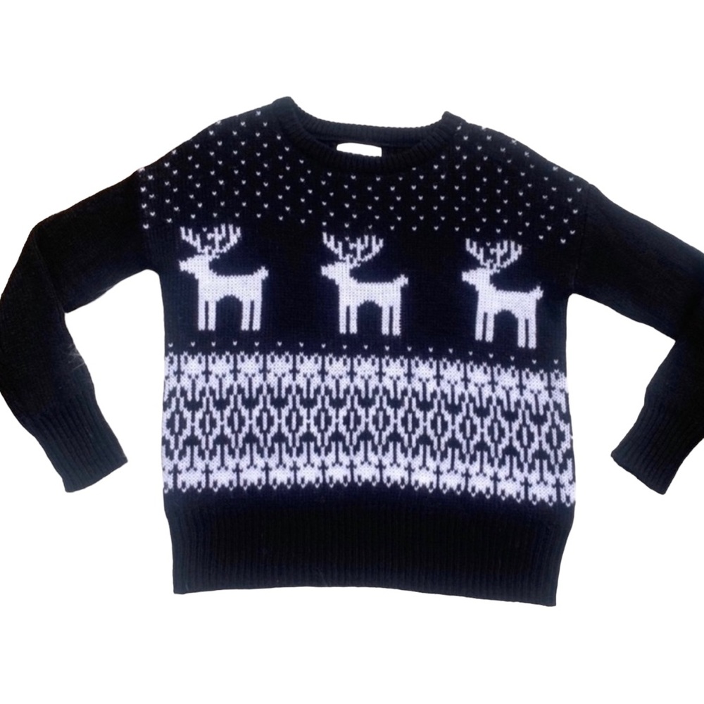 Ruby Moon Women’s Wool Blend Deer Knit Pullover Sweater Black & White Size XS